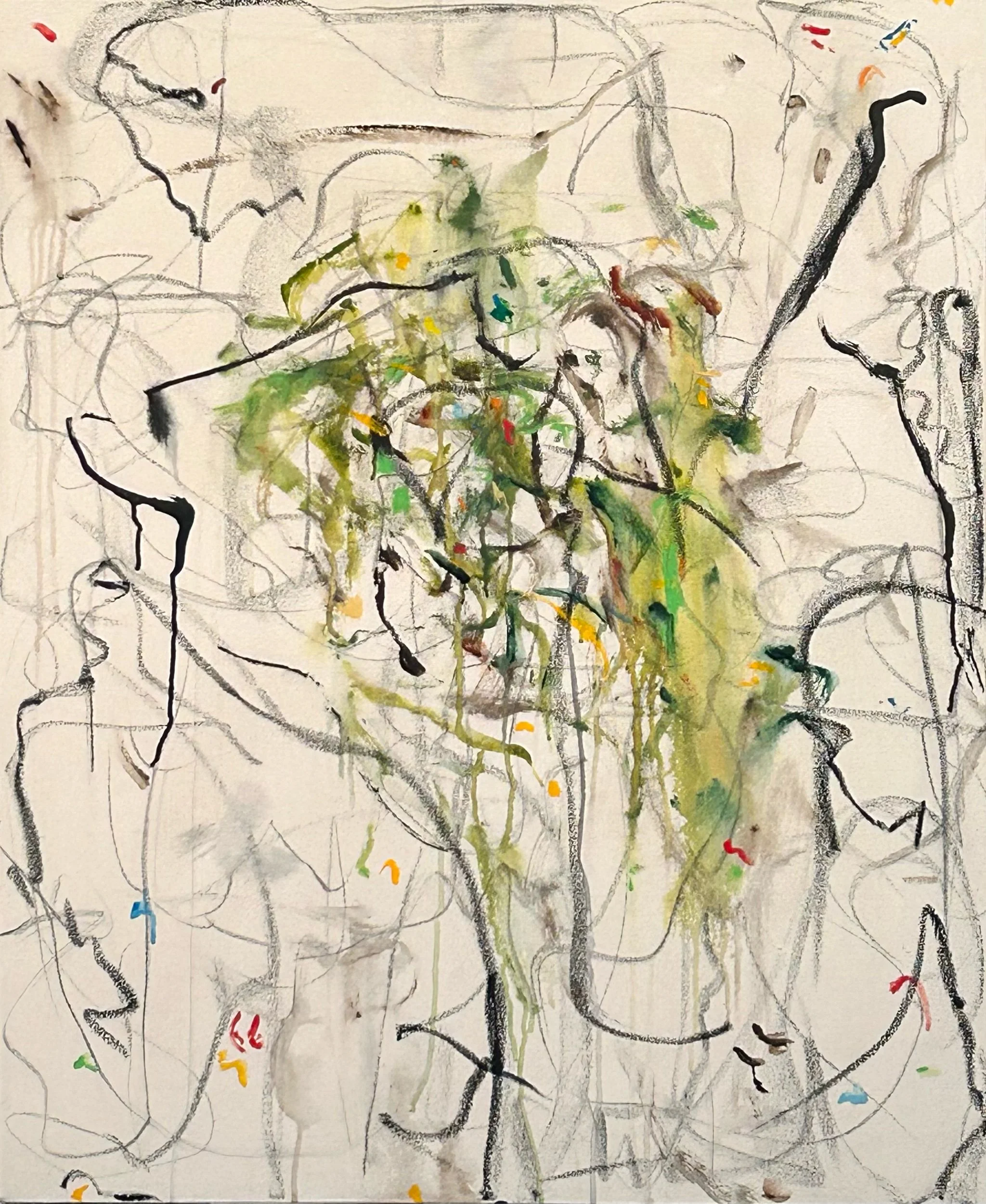 “A Gathering” 4-1-‘26, graphite, acrylic,  Sumi ink, oil stick  on canvas. 40”x33 1/2”