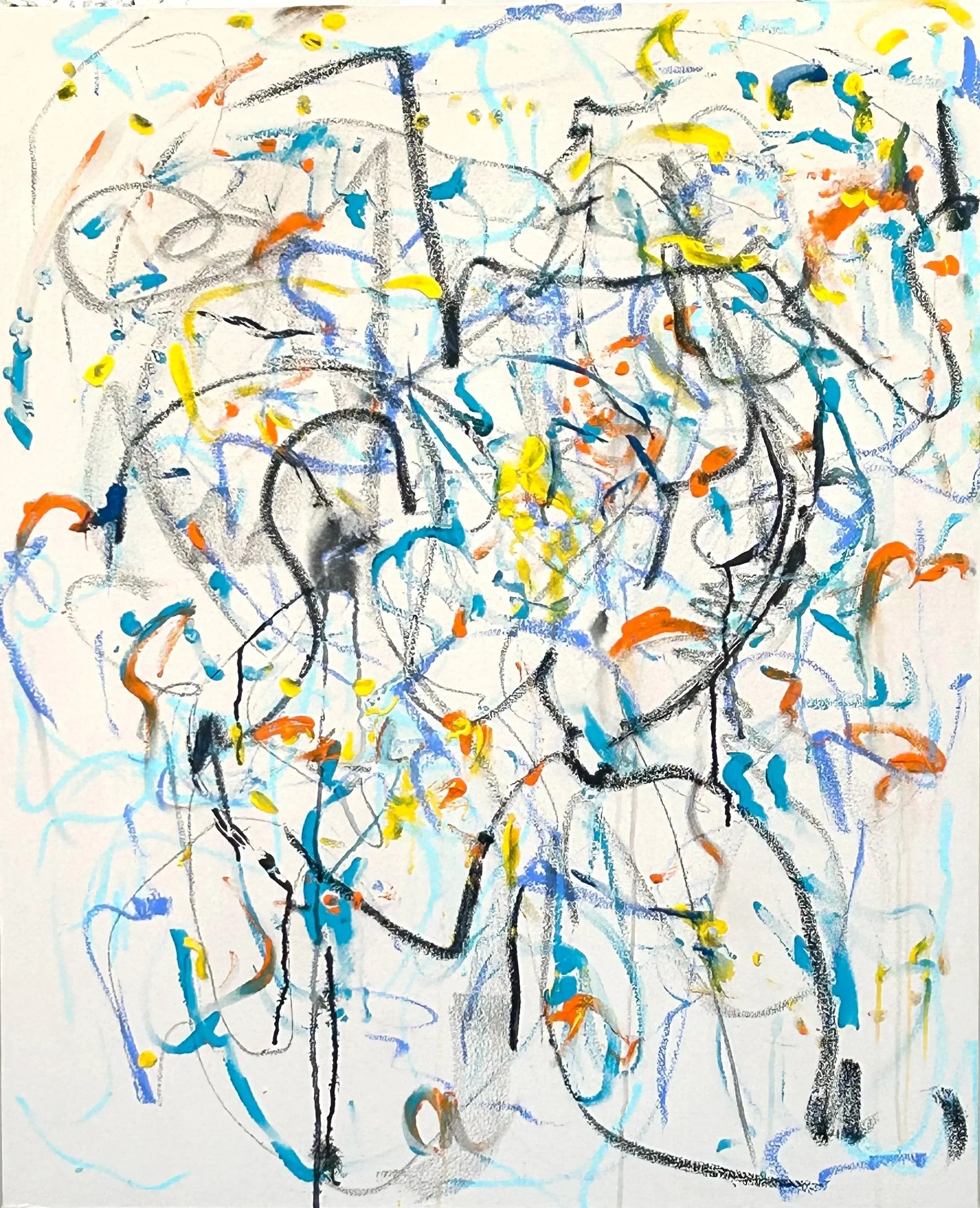"A Gathering," 4-12-'26, graphite, Sumi ink, acrylic, oil stick on canvas, 40"x32 3/4"