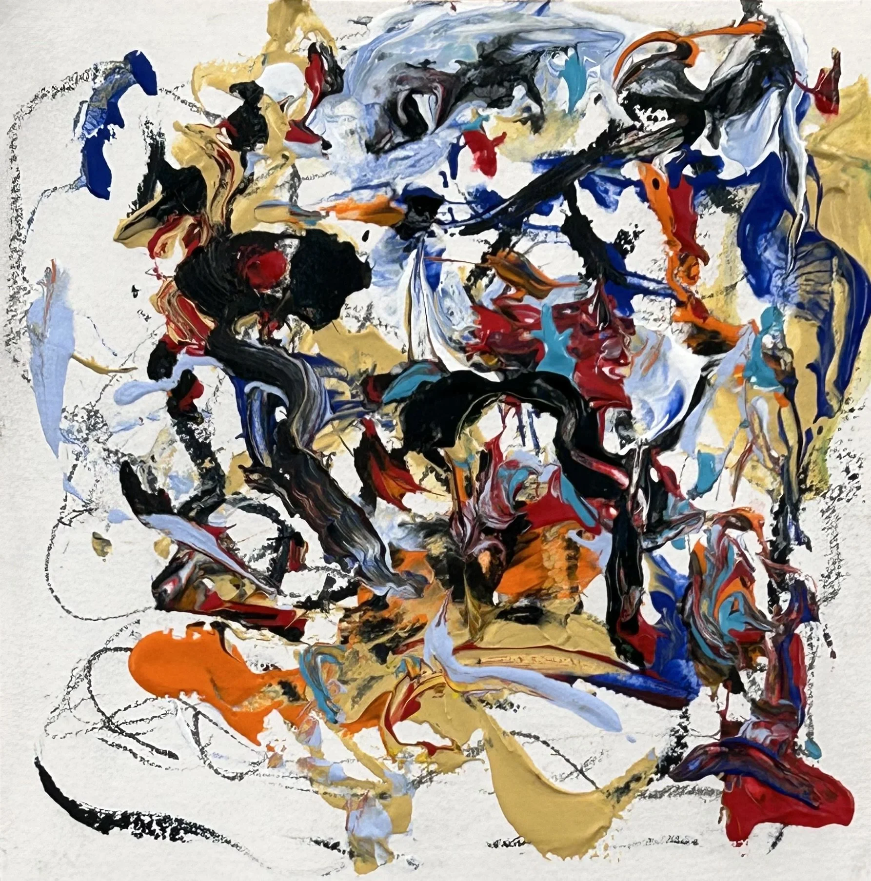 7-8-‘26, graphite, acrylic, oil stick, Sumi ink, on “Fluid” paper, 8”x8”