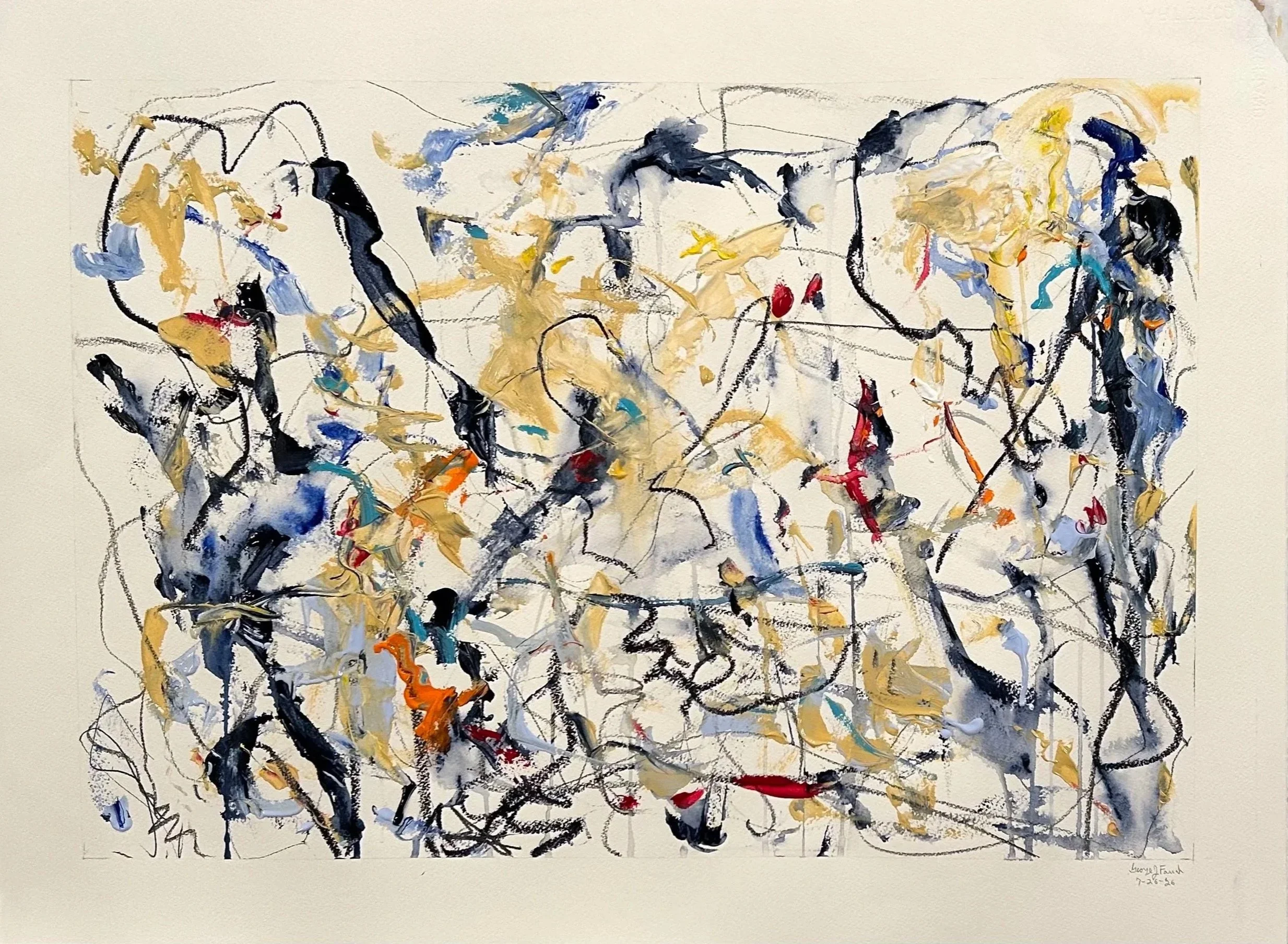 7-26-‘26, graphite, acrylic,  oil stick, acrylic on Fabriano watercolor paper, 23”x30”