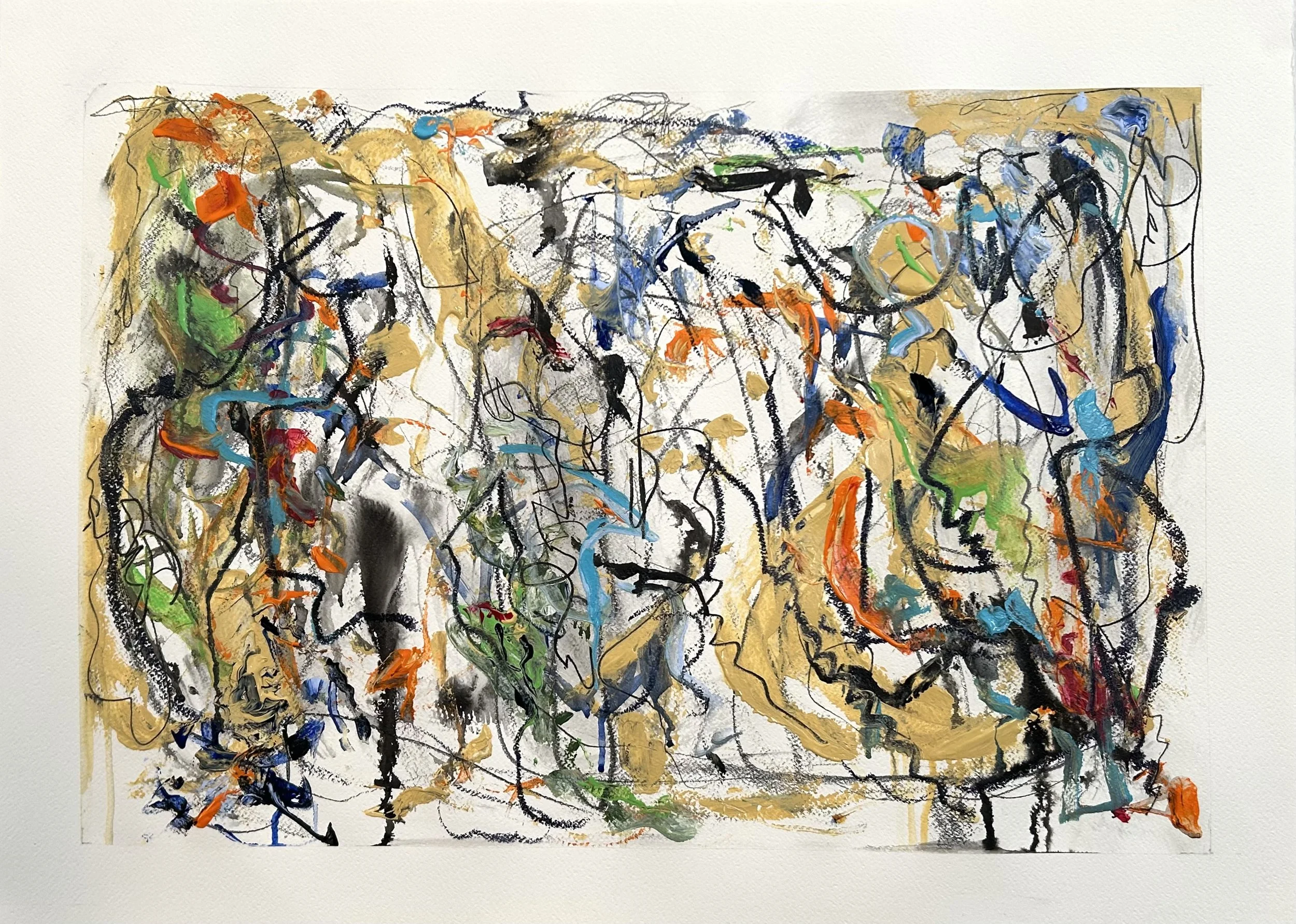 7-27-‘26, graphite, acrylic, oil stick, Sumi ink on Fabriano watercolor paper, 23”x30”