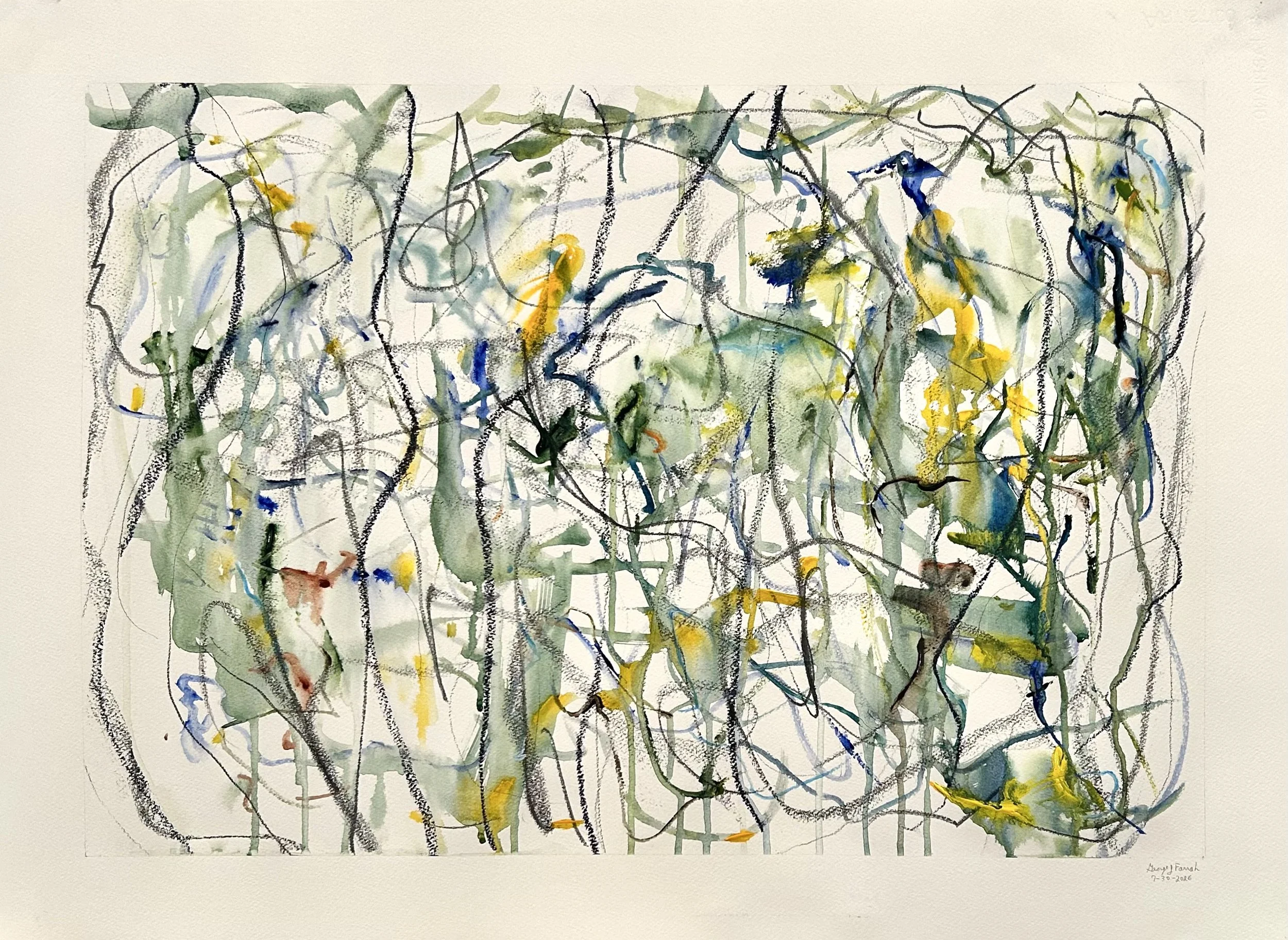 7-30-‘26, graphite, acrylic, oil stick on Fabriano watercolor paper, 22”x30”  