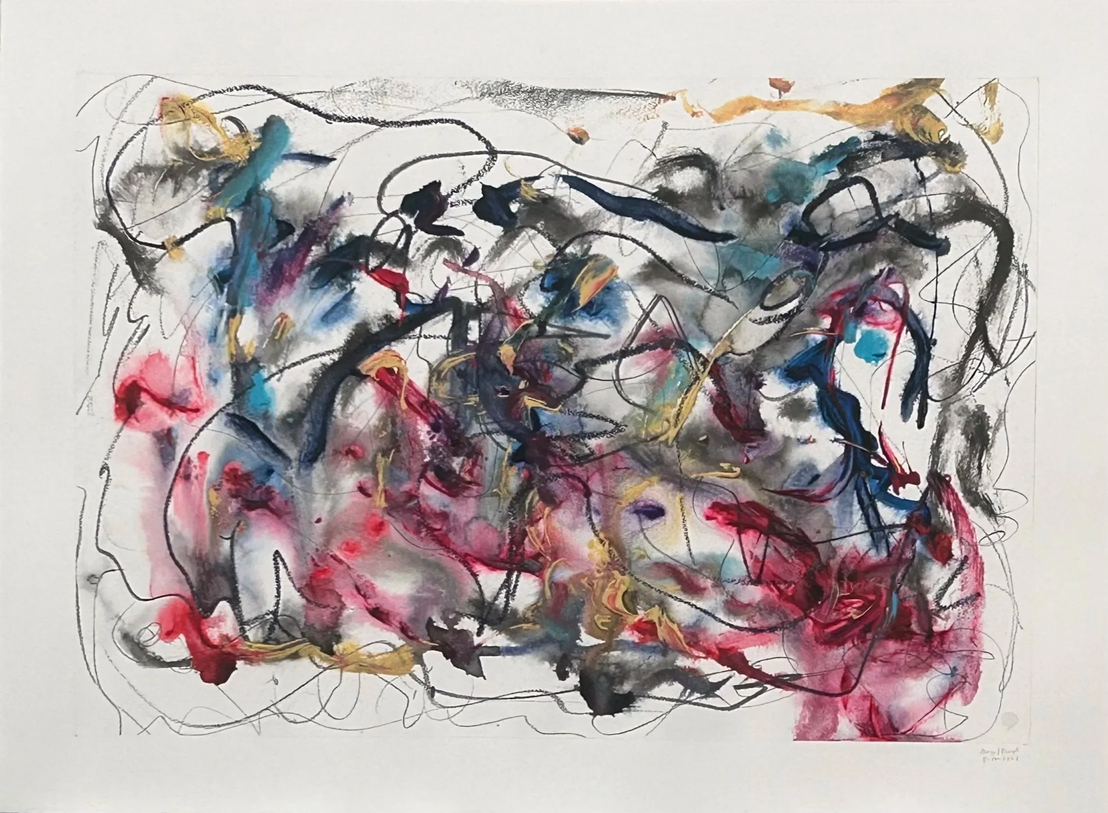 8-19-‘26, graphite, acrylic, Sumi ink, oil stick on Fabriano watercolor paper, 22”30” 