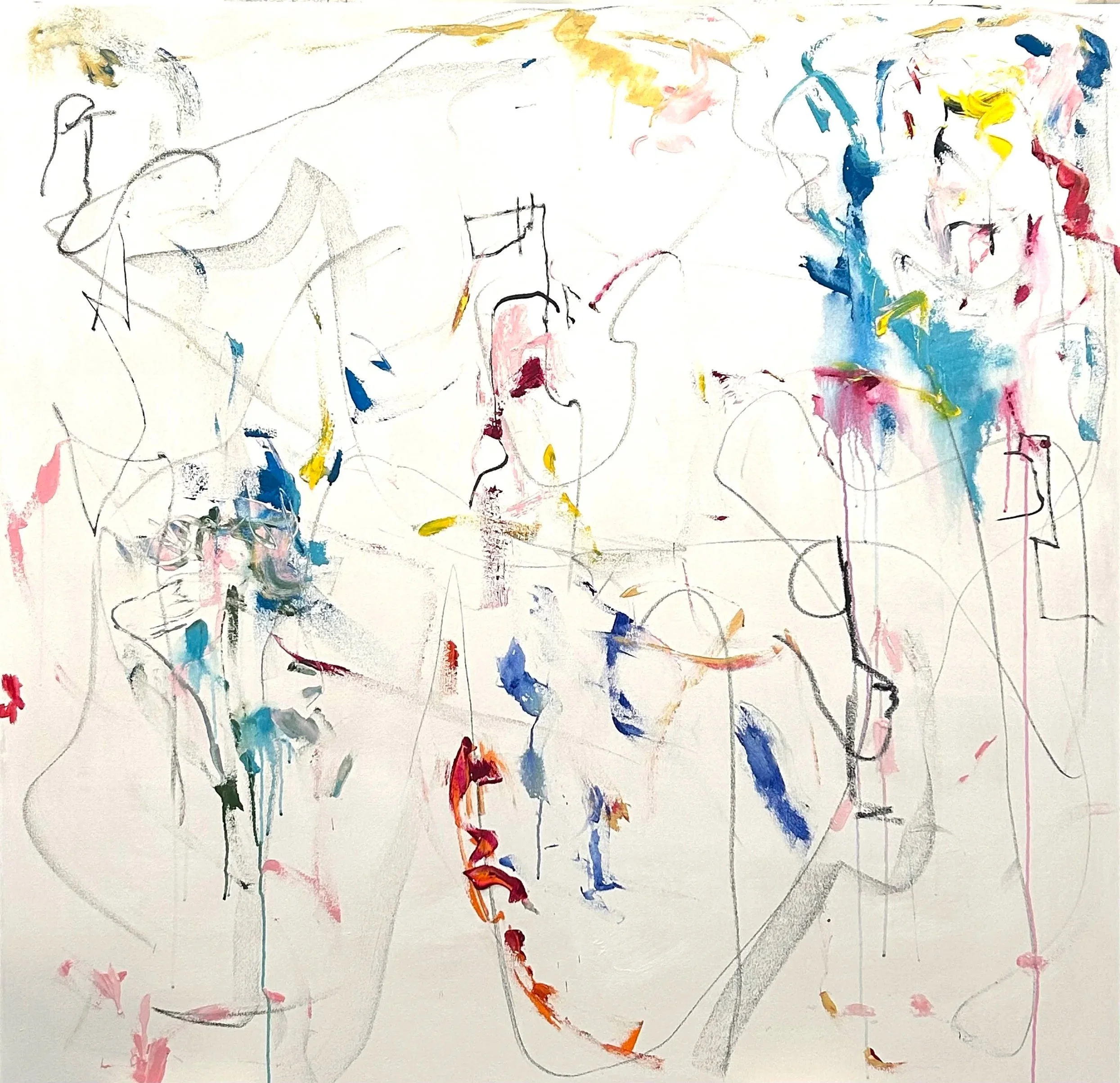 8-21-‘26, graphite, acrylic, Sumi ink, oil stick on canvas, 60”x62”