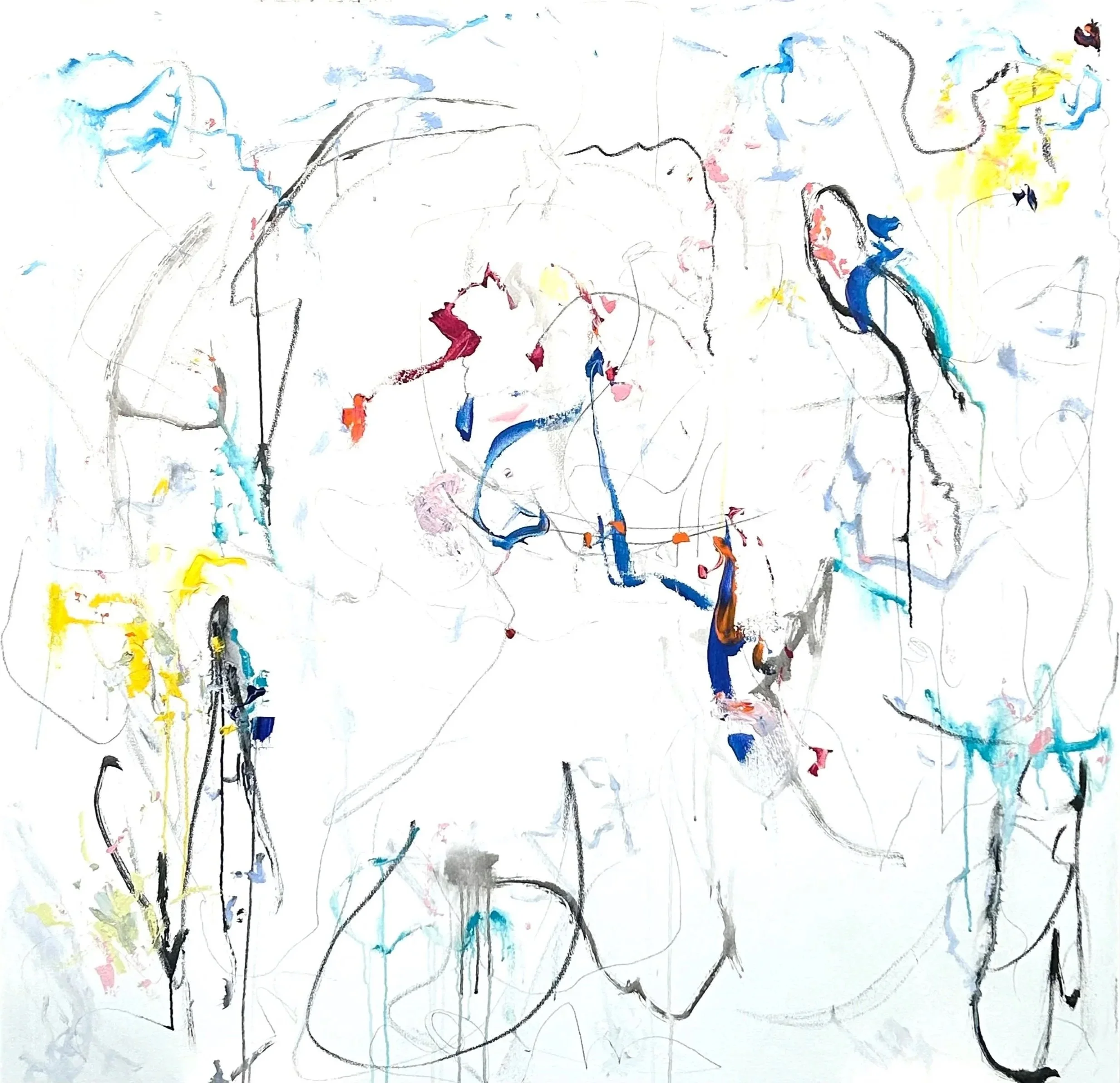 9-5-‘26, graphite, acrylic, Sumi ink, oil stick on canvas, 60”x62”
