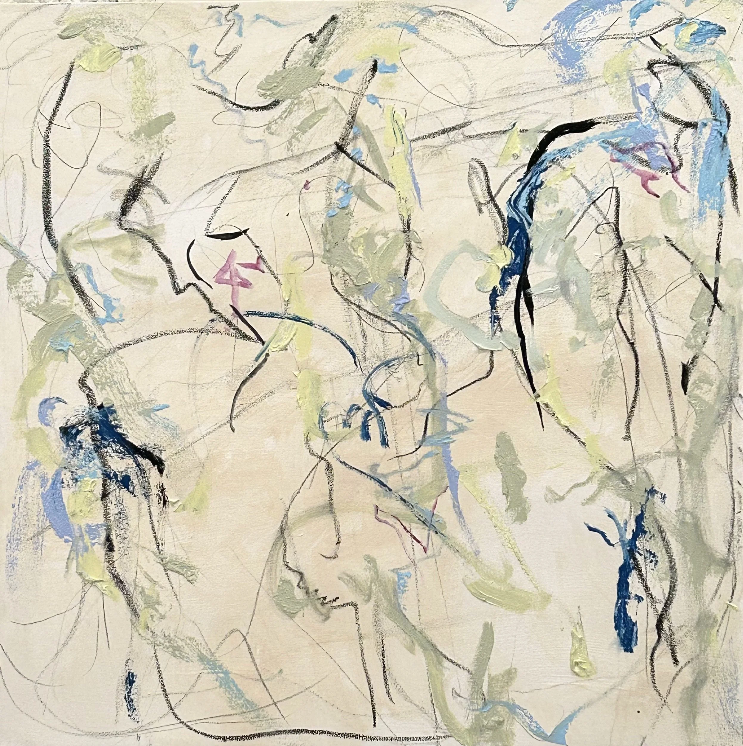 9-15-‘26, graphite, acrylic, Sumi ink, oil stick on canvas, 34”x34”