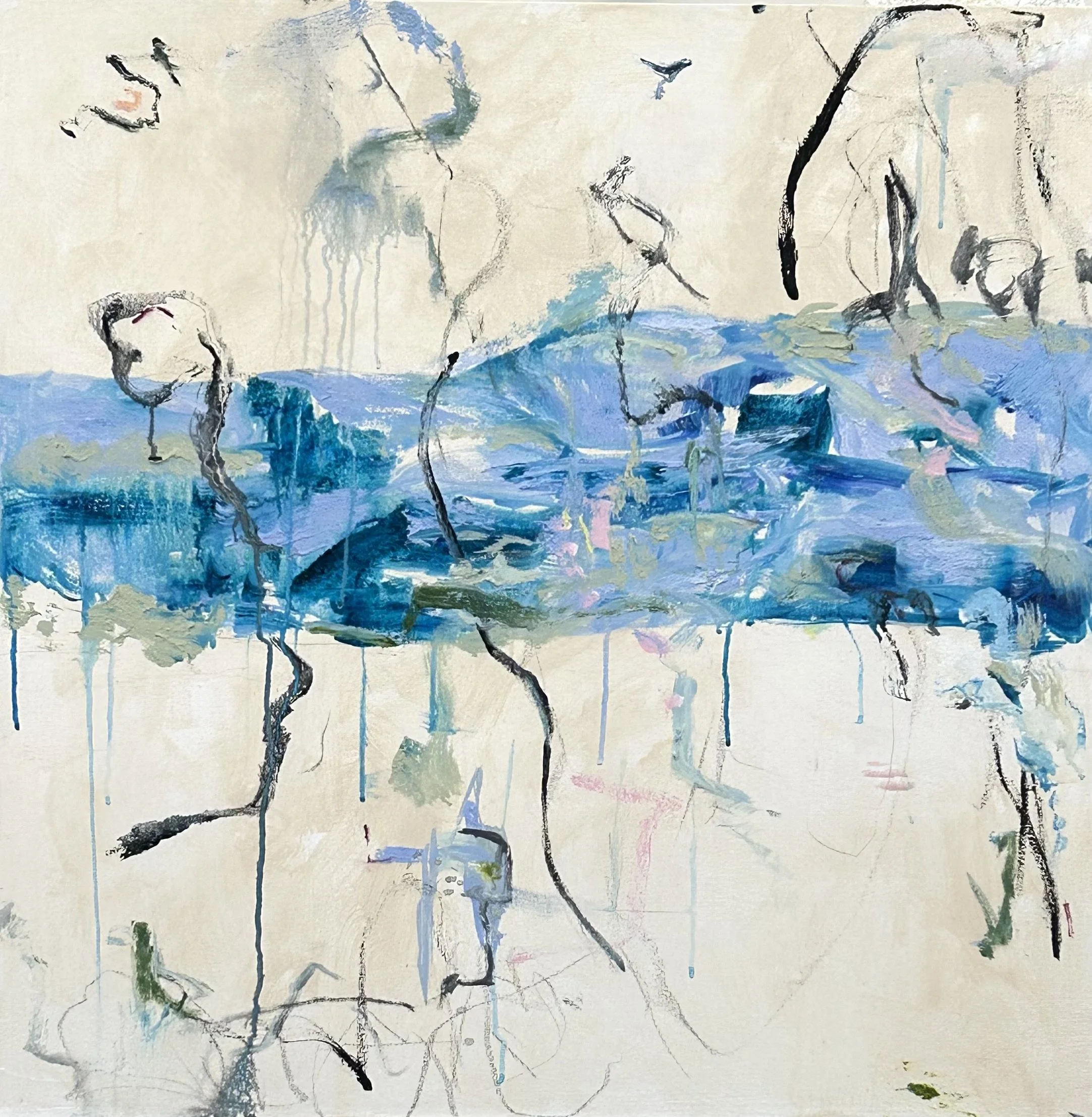 “Seijaku, …but there is a song that fills the world under the ocean," graphite, acrylic, Sumi ink on canvas, 34”x34” (9-22-‘26)