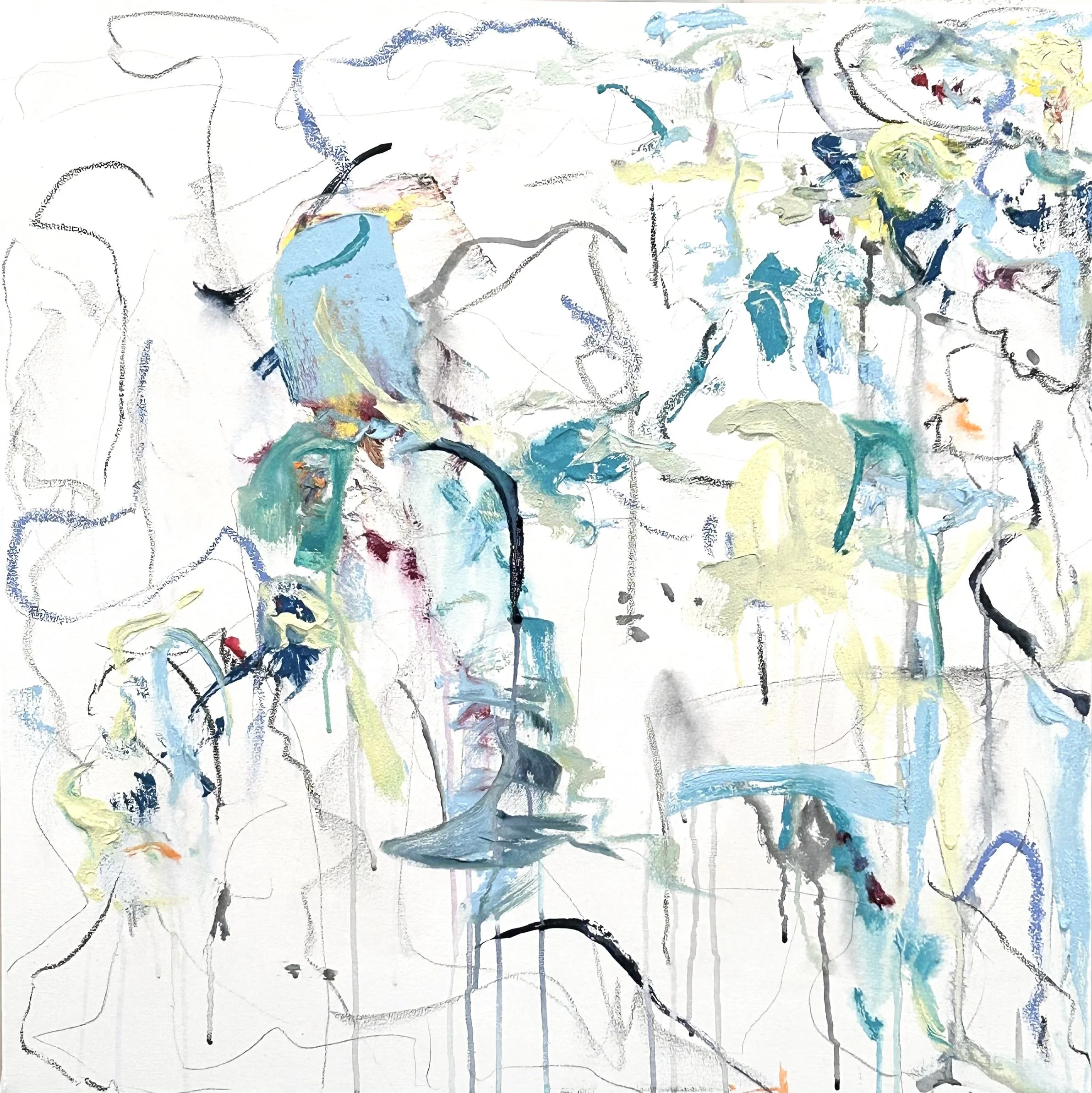 ”Seijaku, …but I am sleeping writing you a letter,”, graphite, acrylic, Sumi ink, oil stick on canvas, 34”x34” (9-27-26)