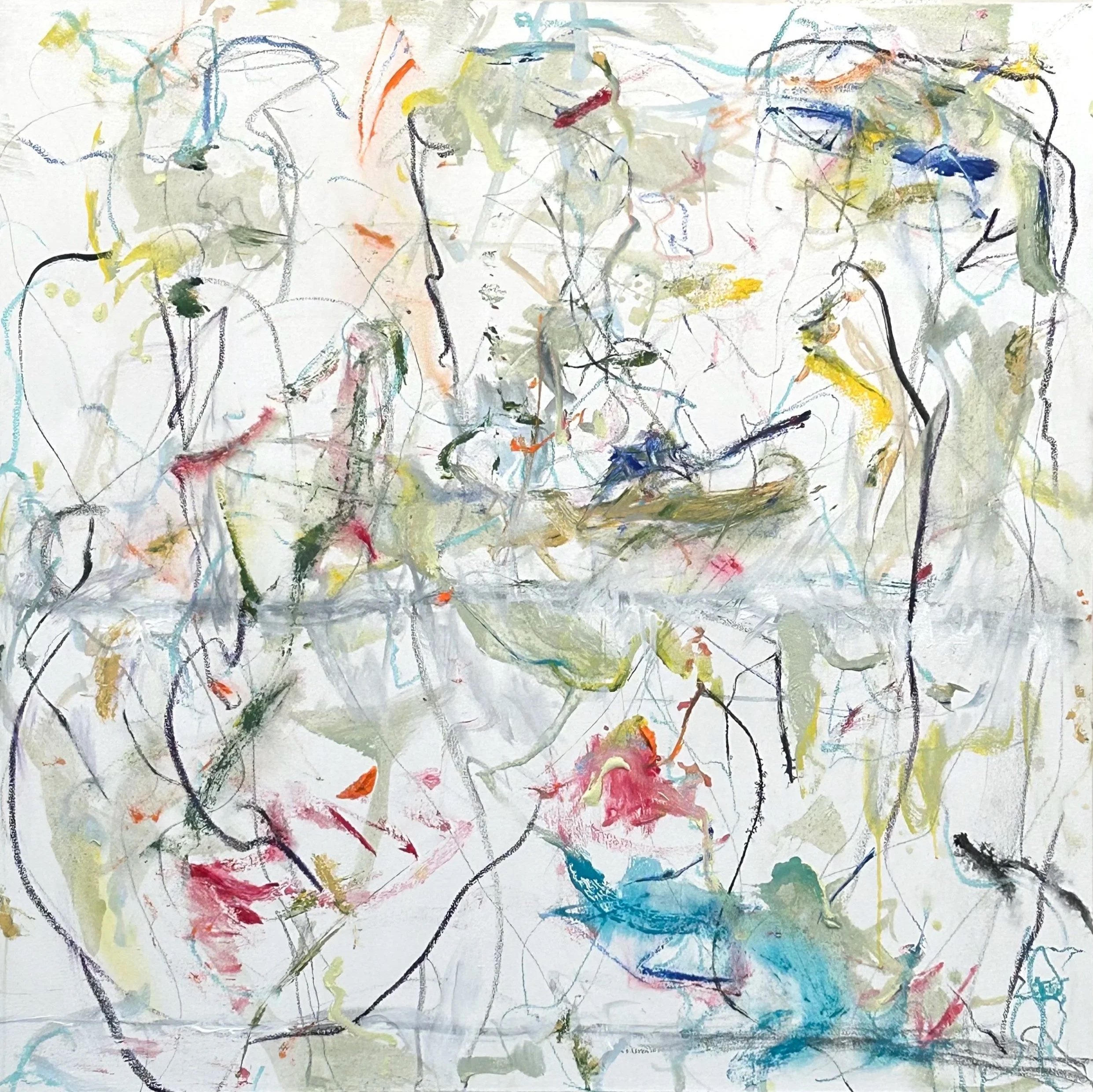 “Seijaku, …but when I walk I am still with you, " graphite, acrylic, Sumi ink, oil stick on canvas, 48”x48”(10-14-‘26)