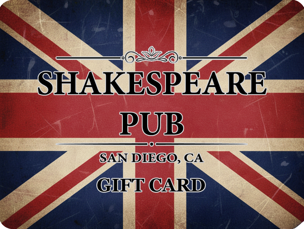 A gift card for Shakespeare Pub in San Diego, CA, with a vintage style, featuring the Union Jack flag background.