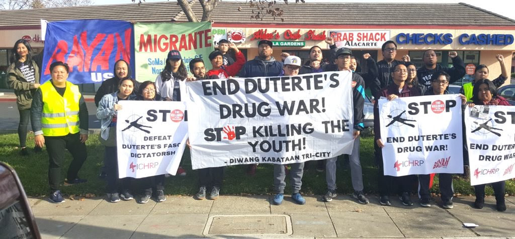 Protesters gathered in front of Manila Garden restaurant in Hayward outside the planned event of Philippine National Police Chief GeneralRonaldo “Bato” dela Rosa, to send the message “he is not welcome in the San Francisco Bay Area.” Photo Credit: INQUIRER/JunNucum