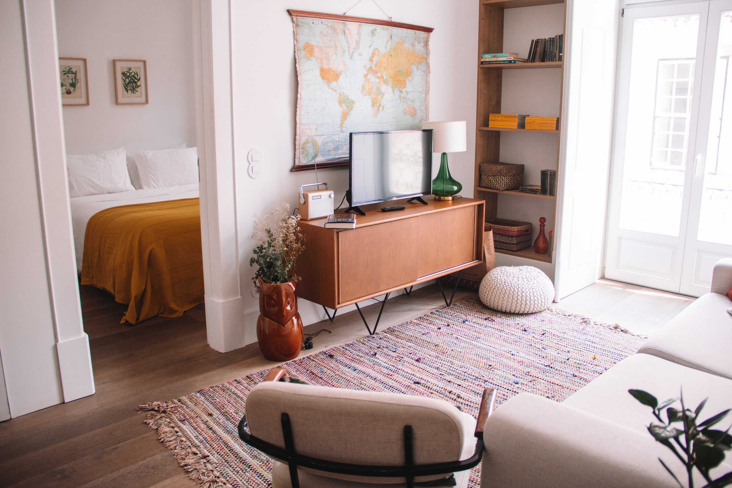 Mustard accents in bedroom and living room