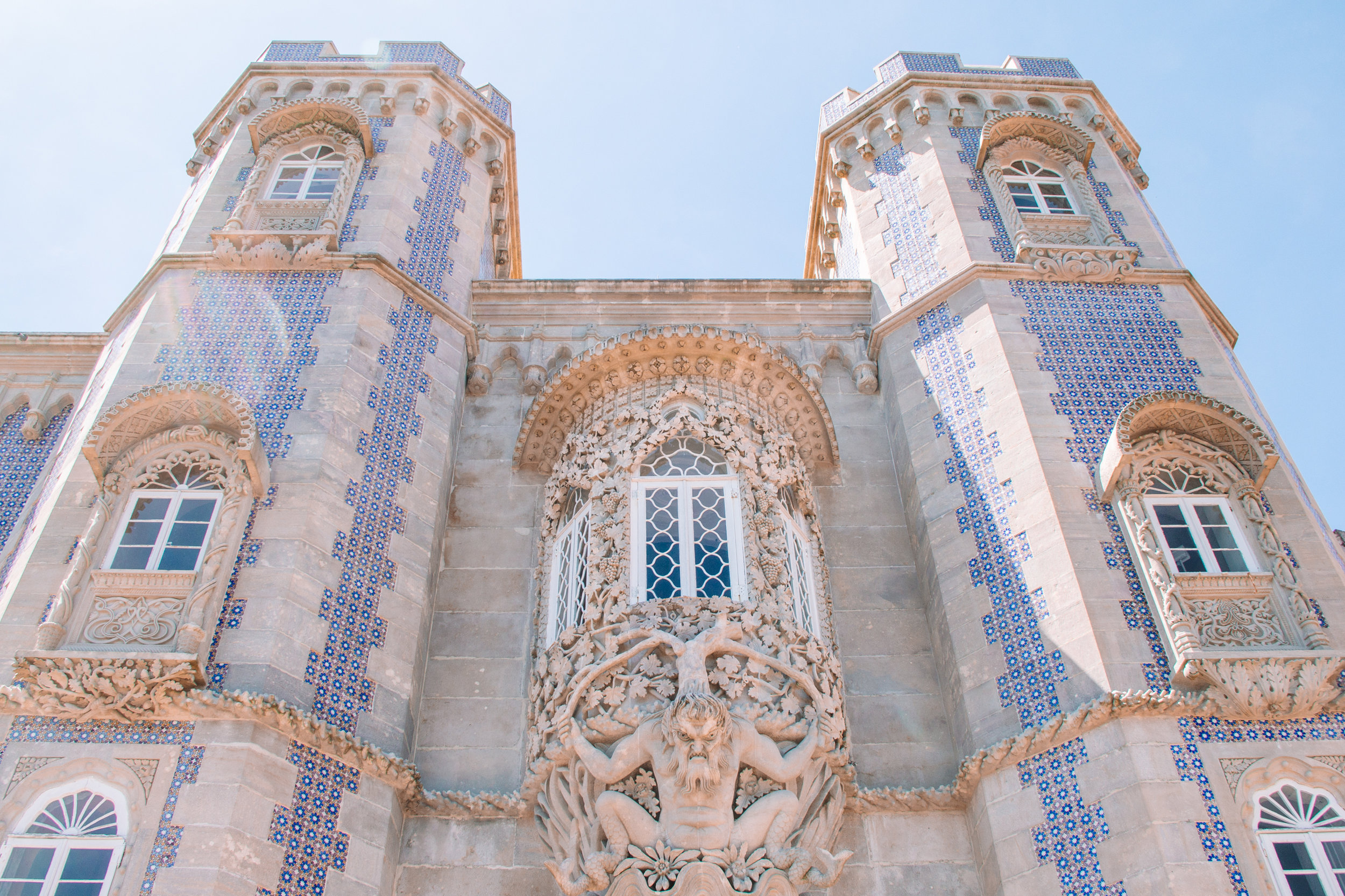 Tile covers the facade of the Pena Palace in Sintra Portugal