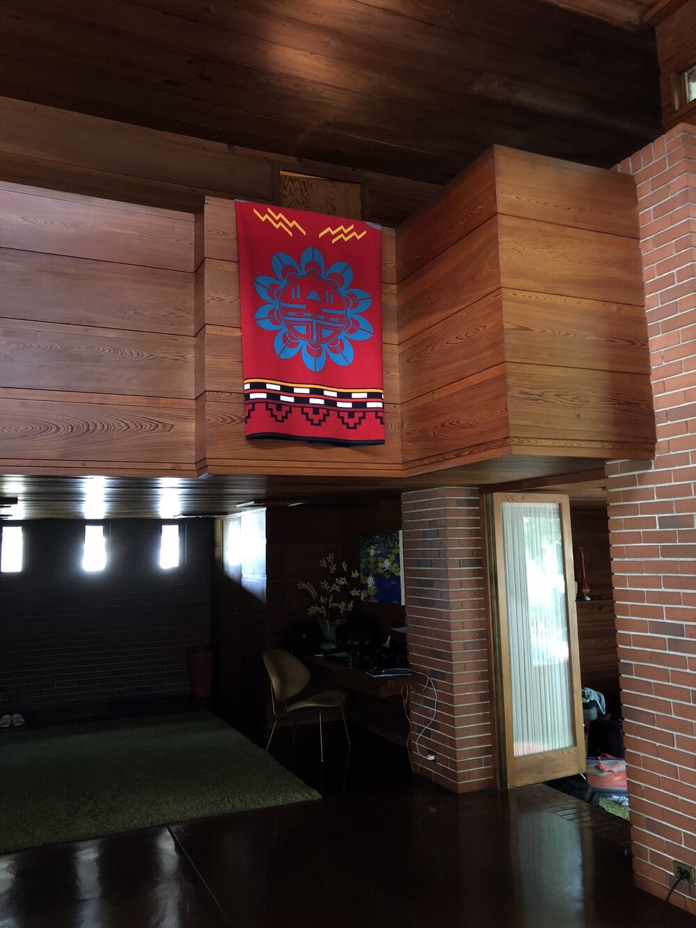 Open living room at Still Bend, Frank Lloyd Wright house in Wisconsin