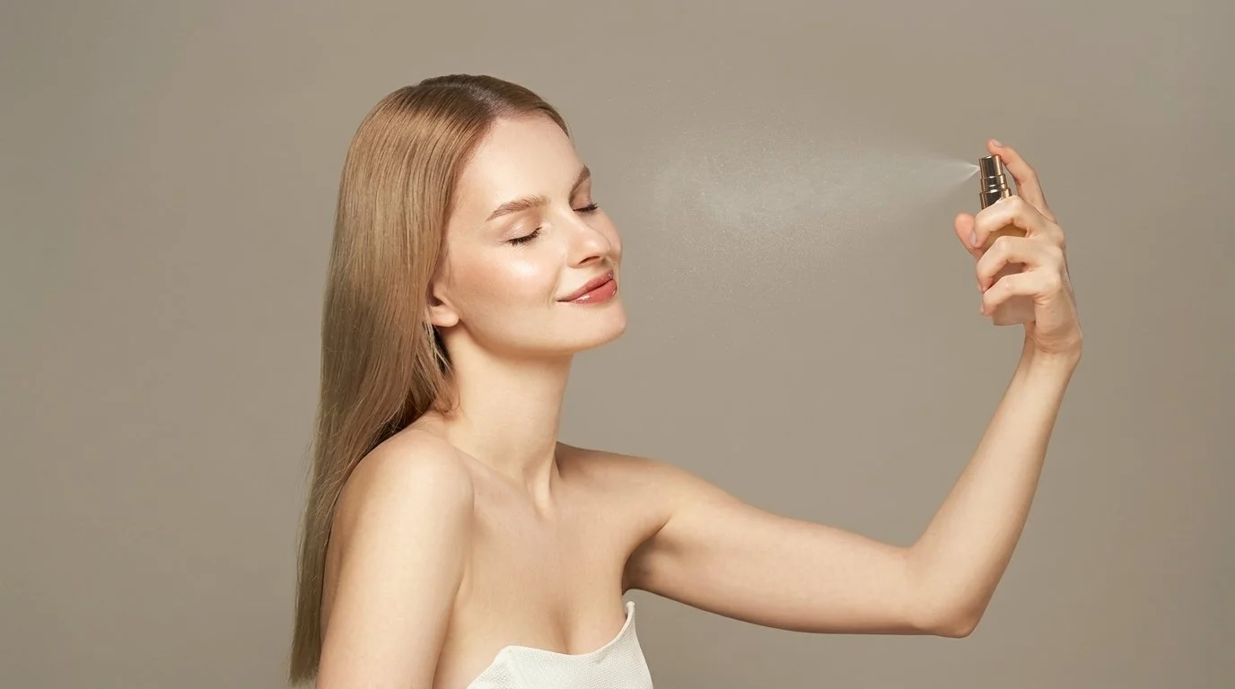 A woman with closed eyes spraying perfume on her face, holding a perfume spray bottle in her right hand.
