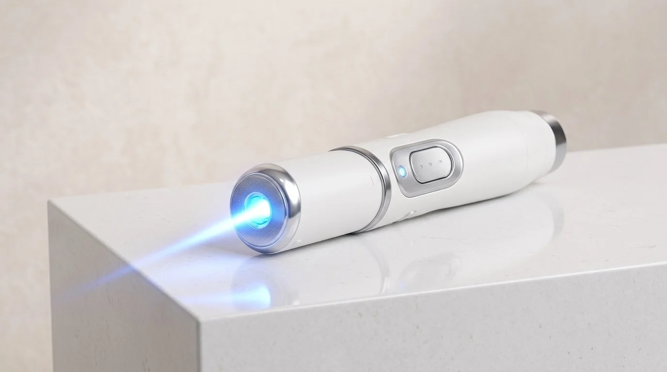 A white handheld device with metallic accents and a blue laser light emitting from the front, placed on a white surface.