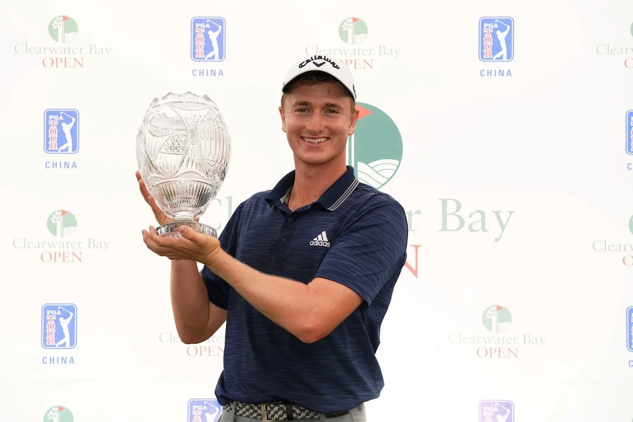 Auckland golfer Nick Voke with the Clearwater Bay Championship trophy which was his third win in just five weeks on the PGA Tour China PHOTO PGA TOUR Series China Zhuang Liu