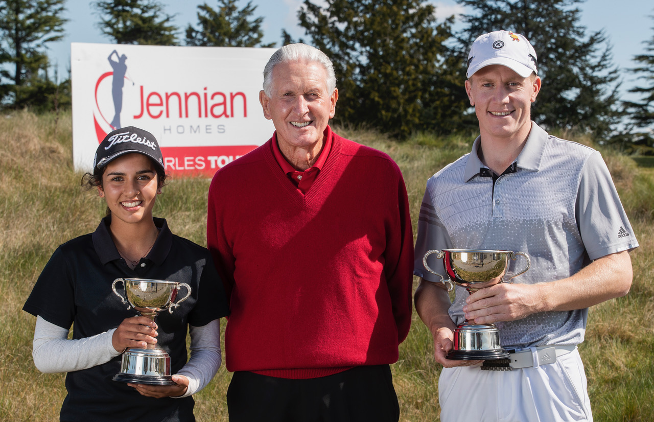 New Zealand golf legend Bob Charles poses with Tara Raj and James Anstiss following their wins in the Harewood Open in Christchurch