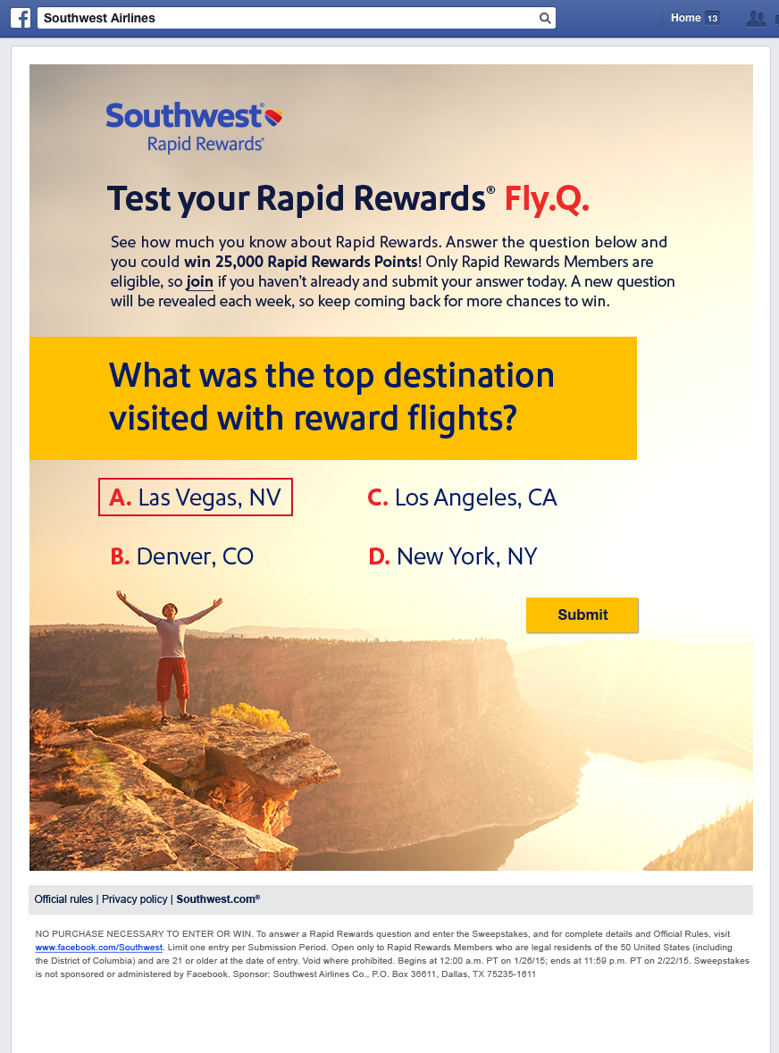 Designed a weekly Facebook quiz for Southwest Airlines members to participate in and to win frequent flyer miles.&nbsp; 