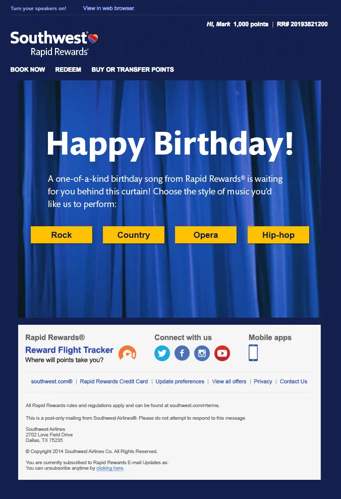  Created a personalized website that would sing you Happy Birthday in the music style of your choice. Members would receive an email on their birthday that would take them to the website for a Happy Birthday surprise. 