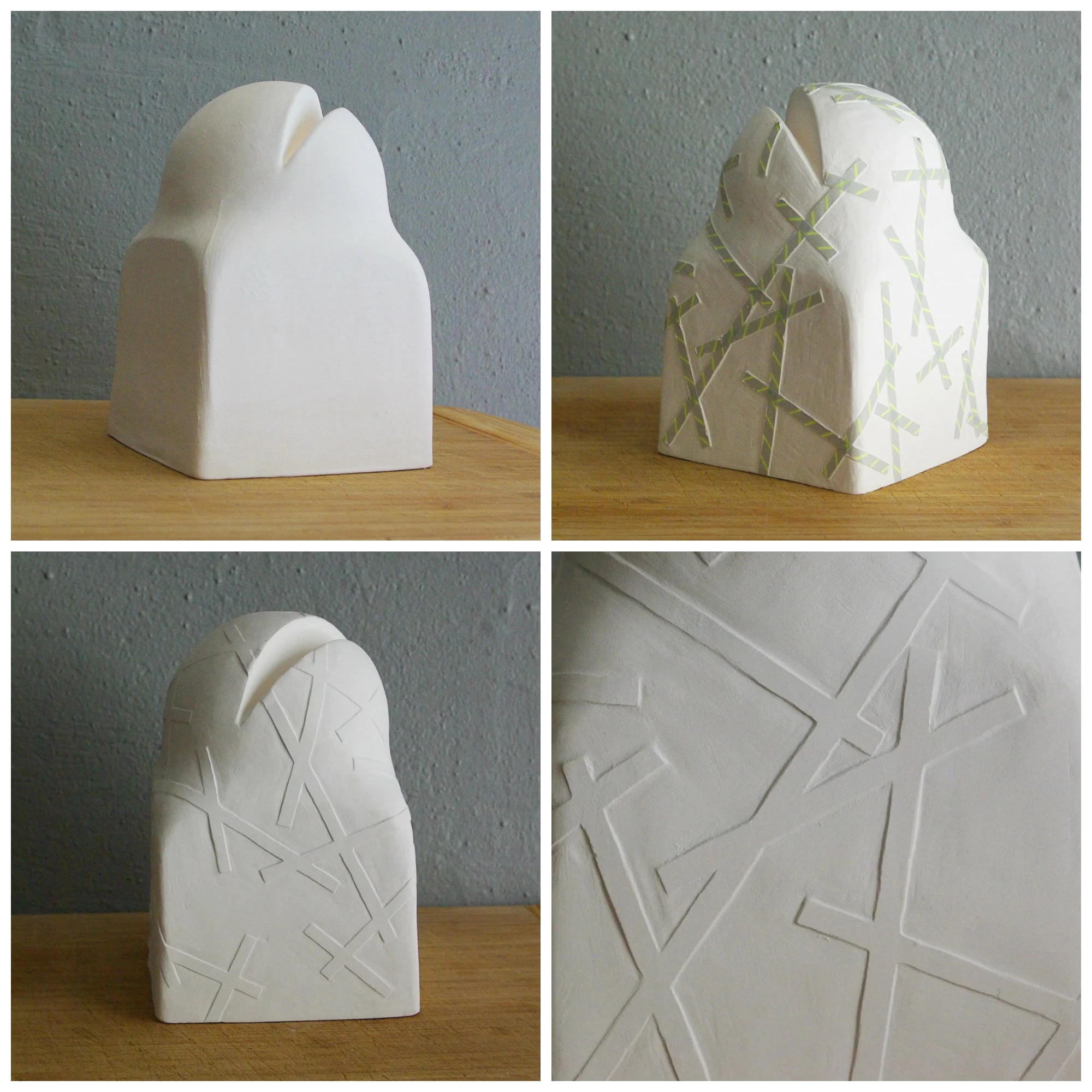 From the original blank to a lovely carved surface. I used washi tape to mask the pattern and actually quite liked it with the tape left on.