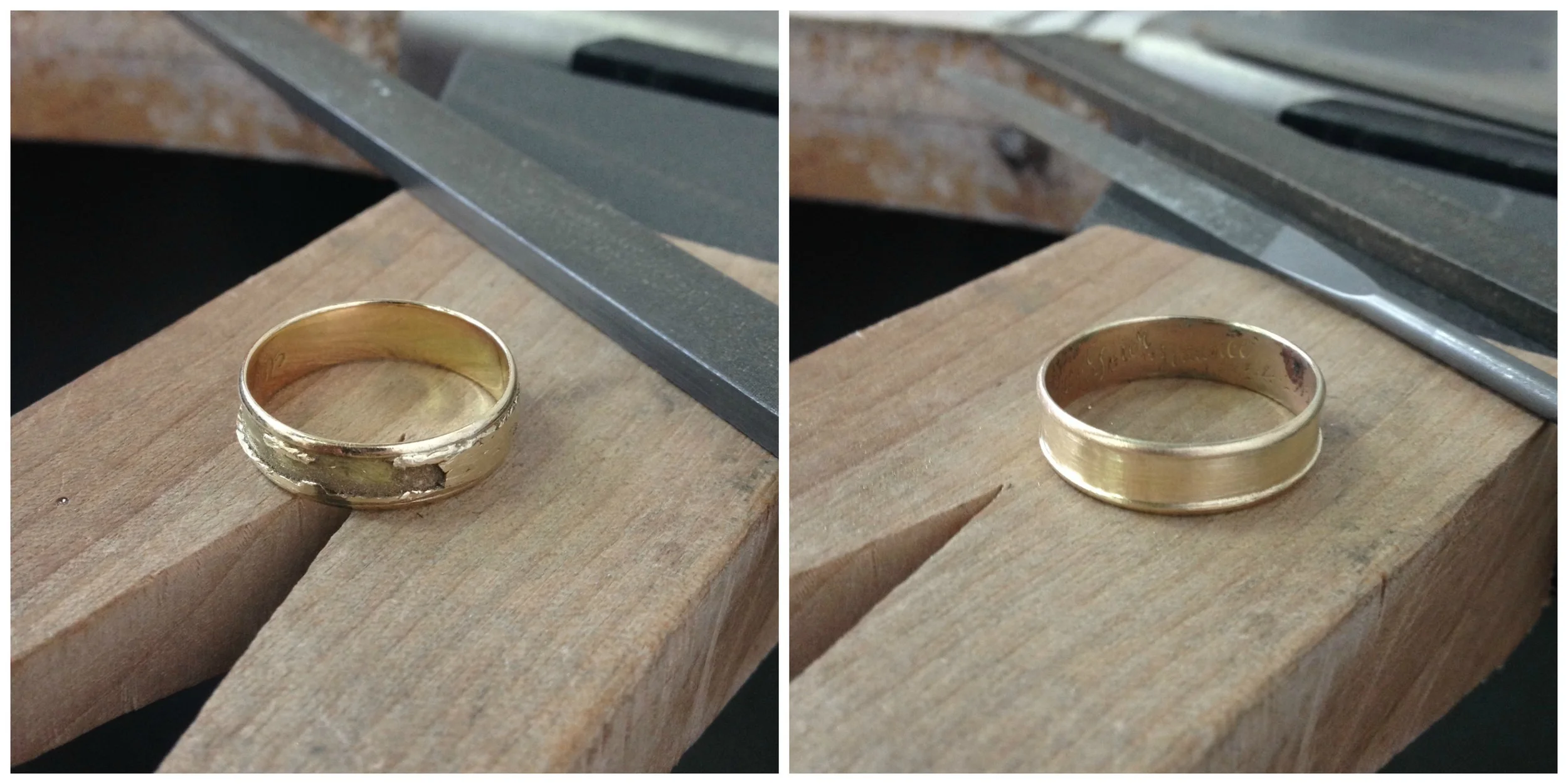 The bits that were soldered down needed to be completely filed away, leaving the very thin engraved ring underneath