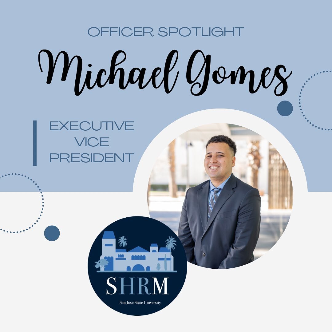 Meet our Executive Vice President, Michael Gomes ✨💙

Swipe through to see what SHRM means to Michael and what his personality item was!

Pronouns: he/him/his

Major: Psychology 

Anticipated Graduation: Spring 2023

Myers Briggs: INFJ-T

Zodiac Sign