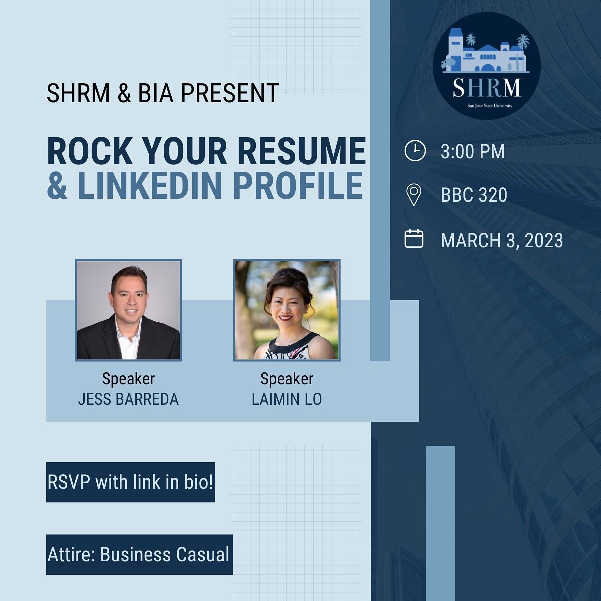 Hi SHRMies! 

Come join us for SHRM&rsquo;s first ever speaker event collaboration with the Banking and Investment Association (BIA) on Friday, 3/3 at 3pm in BBC 320 🤩

There will be two working professionals discussing what makes a resume and Linke