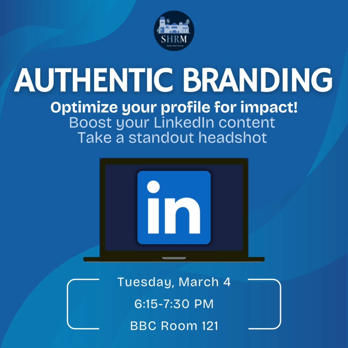 Looking to make an impact on your professional journey? 

Join us on Tuesday, March 4th from 6:15-7:30 PM in BBC 121 for a session on mastering the art of personal branding and making your LinkedIn profile shine! ✨

Discover how to:
Learn how to stan