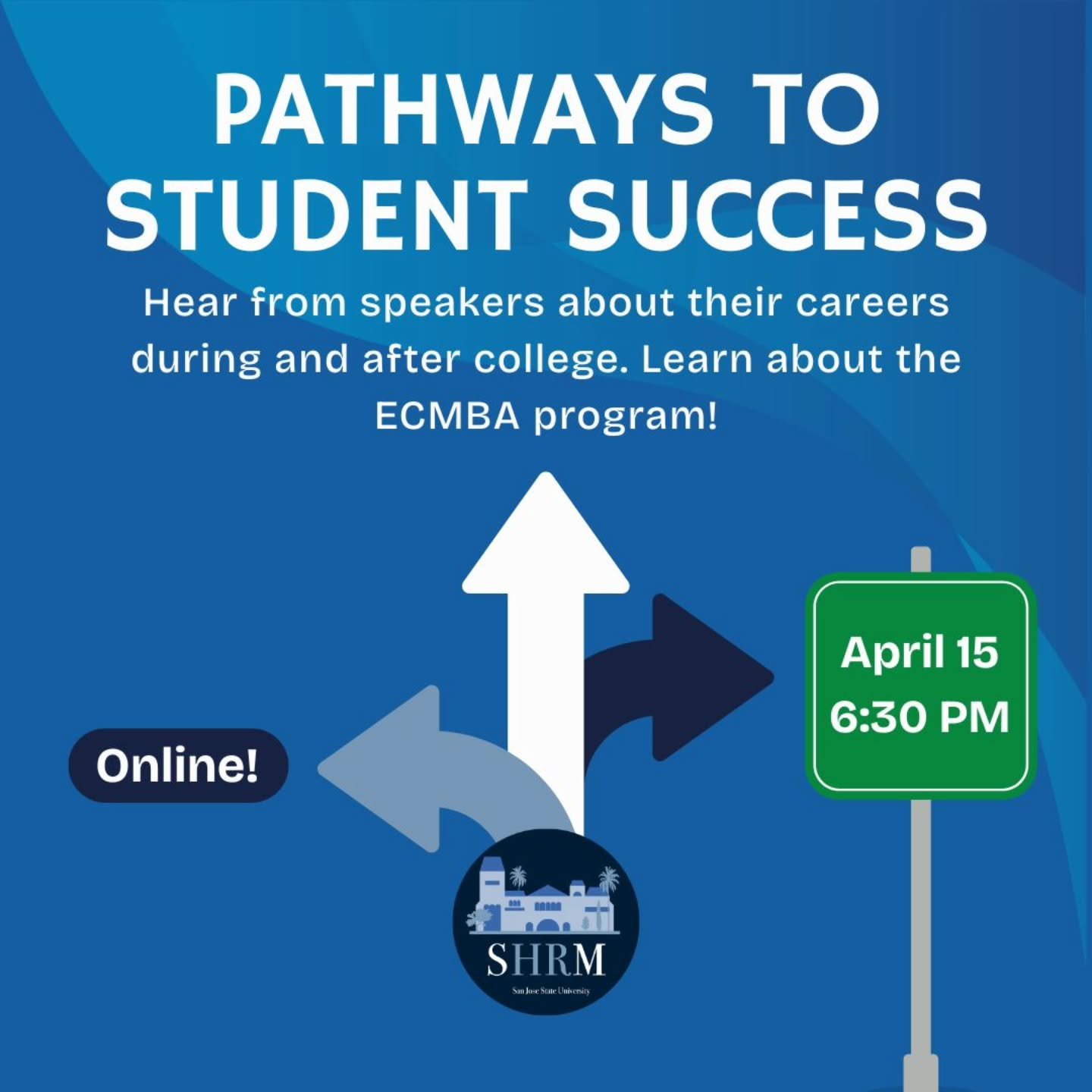 🎤 Join us online this Tuesday, April 15, at 6:30 PM for an insightful panel featuring SHRM speakers as they share their journeys from college to career, insights from their time at SHRM at SJSU, and tips on navigating life after graduation. Plus, he