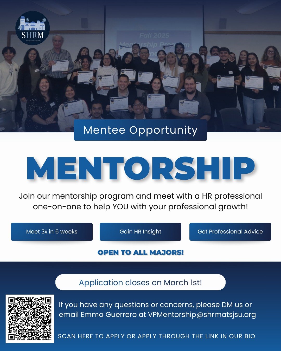 📣 Attention ALL students! 

Looking for guidance, support, and real insight into the HR field this semester?

Our Mentorship Program pairs members 1-on-1 with experienced HR professionals who are eager to share insight, advice, and real world experi