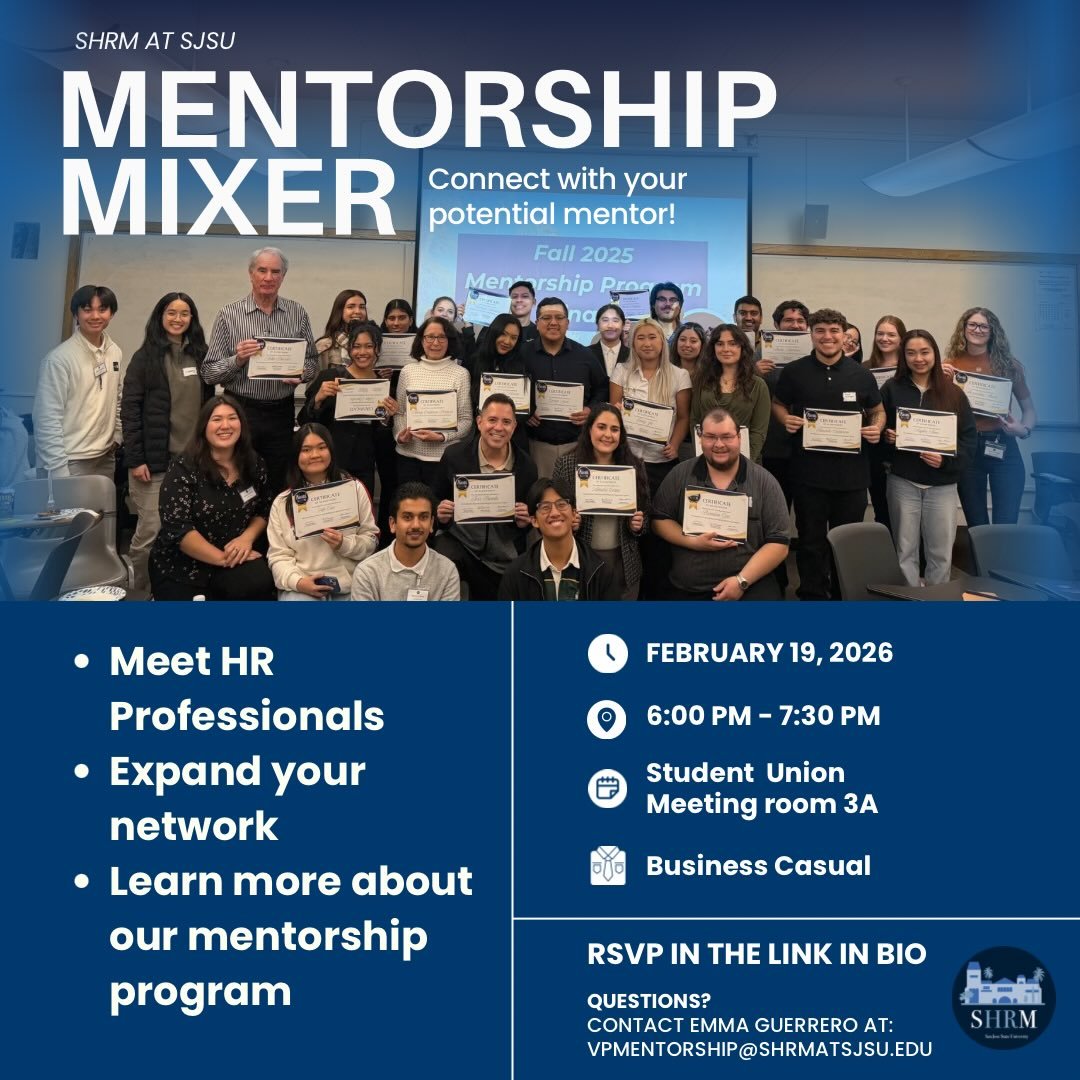 💙📢ATTENTION SHRMILY📢💙

We are excited to invite you to our upcoming Mentorship Mixer, an opportunity to connect with your potential mentor as well as fellow SHRM members participating in the program. 

Mentorship is an invaluable resource that ca
