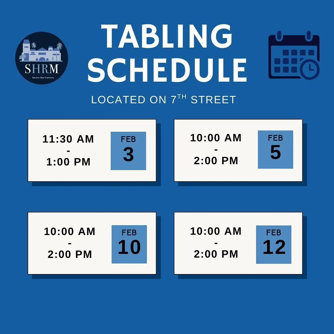 Want to learn more about SHRM and everything we have to offer? 💙

Come to the Student Union Ballroom on Feb. 3 or swing by our table on 7th Street on any one of these days! Whether you&rsquo;re exploring career opportunities, looking to grow profess