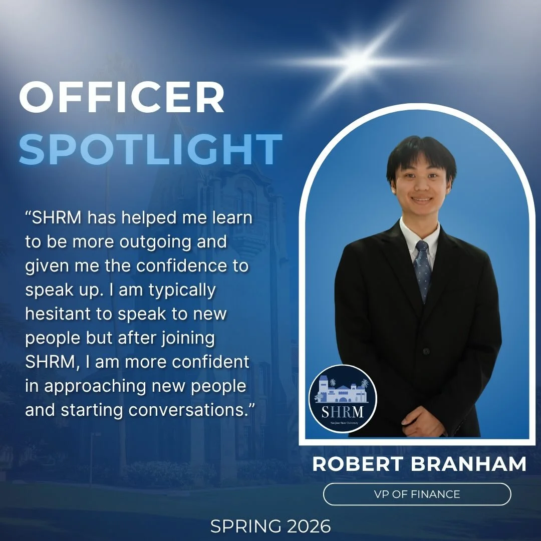 ✨Officer Spotlight ✨

We are proud to introduce our VP of Finance, Robert Branham!

The VP of Finance role works to ensure a healthy budget for the entire semester along processing reimbursements on behalf of SHRM officers. Additionally, the role wor