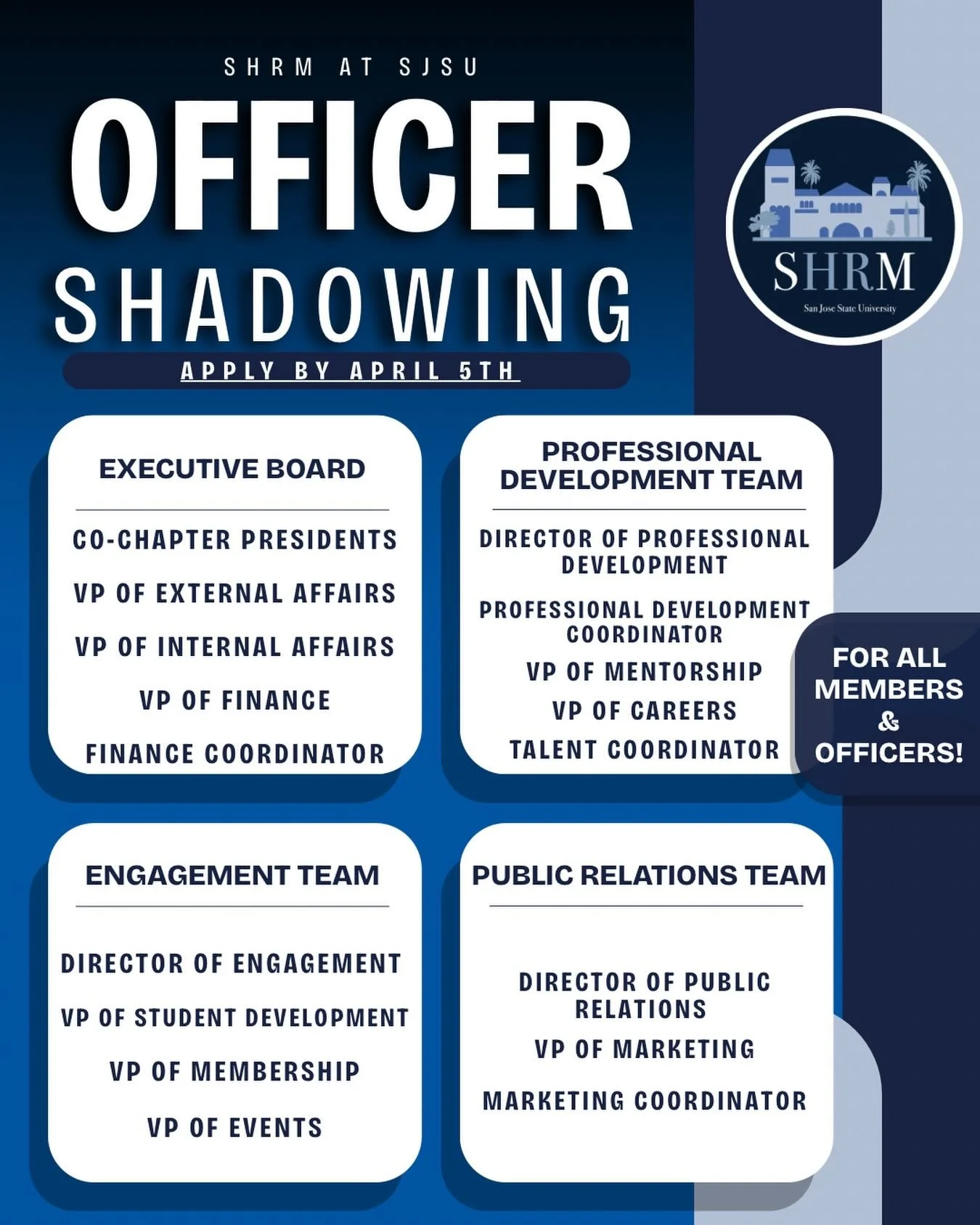 Interested in exploring the different roles within the SHRM at SJSU officer board?💙💼

Apply now through the link in our bio for the opportunity to shadow our student leaders, get an inside look at their roles, and learn what it takes to run our stu