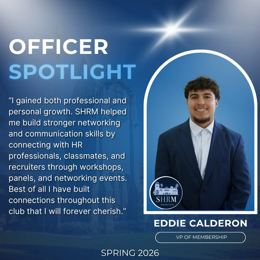 ✨Officer Spotlight Pt.14✨
We are proud to introduce our VP of Membership, Eddie Calderon!

As VP of Membership, Eddie manages SHRM&rsquo;s member database. He handles event check-ins and sends out weekly event reminders to keep everyone connected and