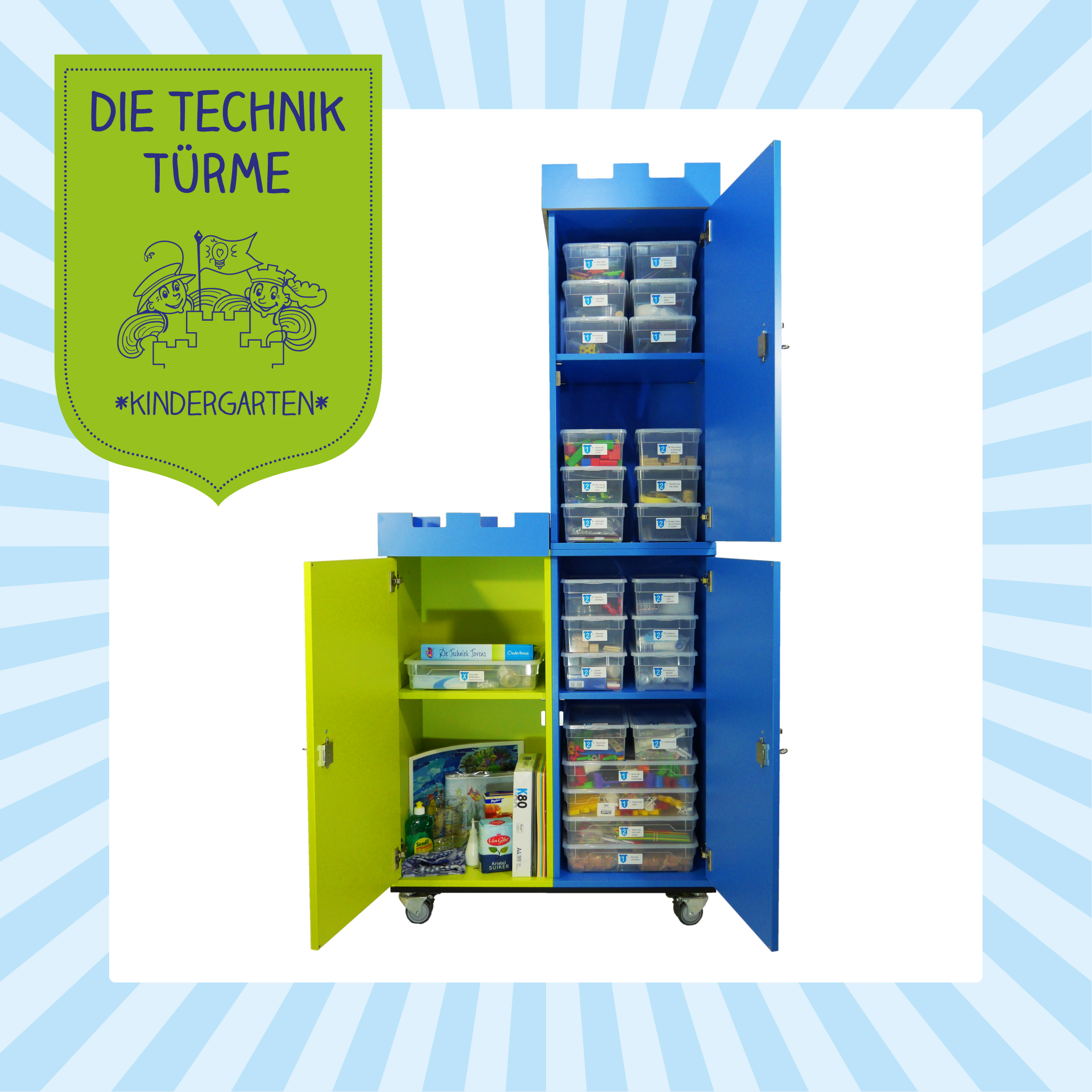 Materialwagen mit Experimentierkästen und Technik-Baukästen für Kindergarten und Vorschule von Technik Türme bestellen.