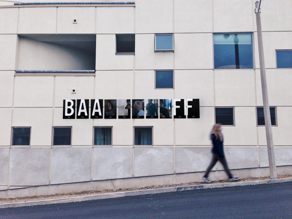 City Takeover: Innovation District The BAAFF promotion campaign employs the regular visual heartbeat of freeze frames by joining the core letterforms with captured stills (either second by second or not). Additional information about the festival can be found at the bottom of each poster.