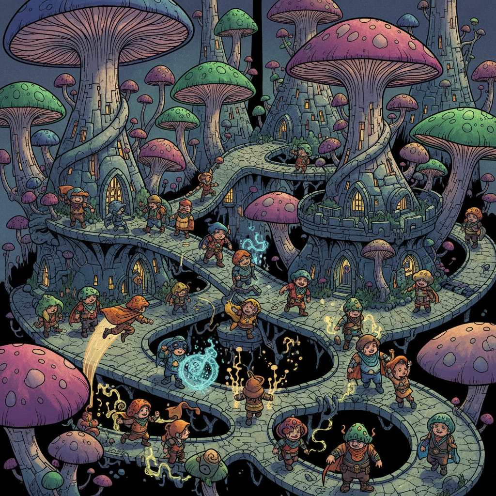 A game of mushroom people in a labyrinth