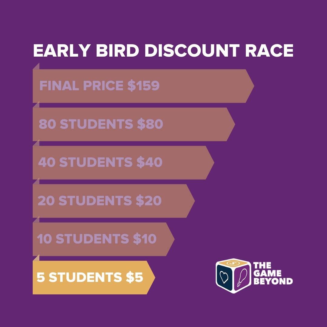 🦅 Early Bird Race! 
All Game Design &amp; Public Speaking courses are $5 for the First 5 New students. 
Then capacity and price double to 10 students for $10. Then it doubles again, and again.
Be sure to be First to get the biggest deal on our cours