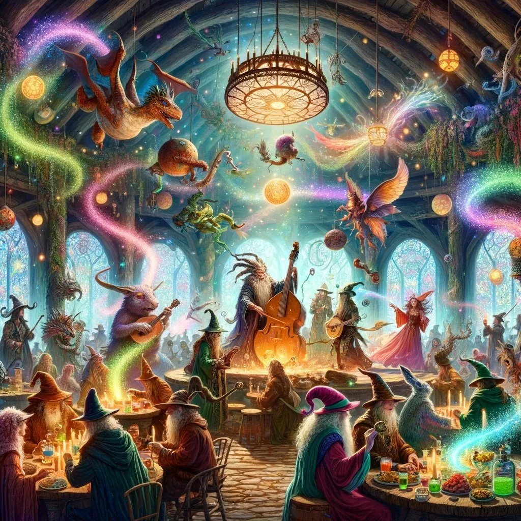 DALL·E 2024-02-23 14.06.19 - Visualize an expanded scene within the enchanted forest speakeasy, 'Wizards on Holiday', where the atmosphere is even more vibrant and lively. In the .jpg