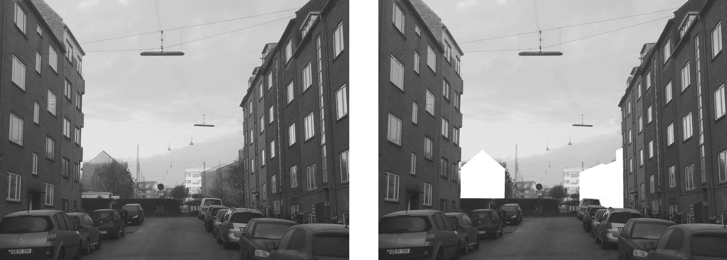 The edge of classical Aarhus. Over the road the buildings are alligned to optimise light in-fall. The result is a set of gable walls exposed to view.