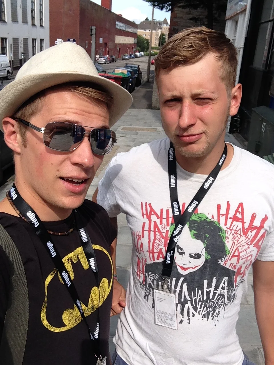 Rhys and I celebrating success with our comicbook tshirts