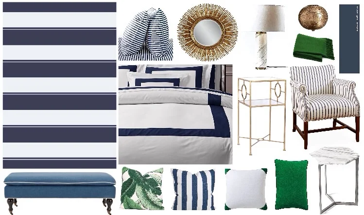 accent wall - pillow bench - duvet cover - pillows ( palm , stripes , caps , lumbar ) - marble side table - chair - gold side table - wall color - cashmere throw - gold lamp - marble lamp - mirror - sheets