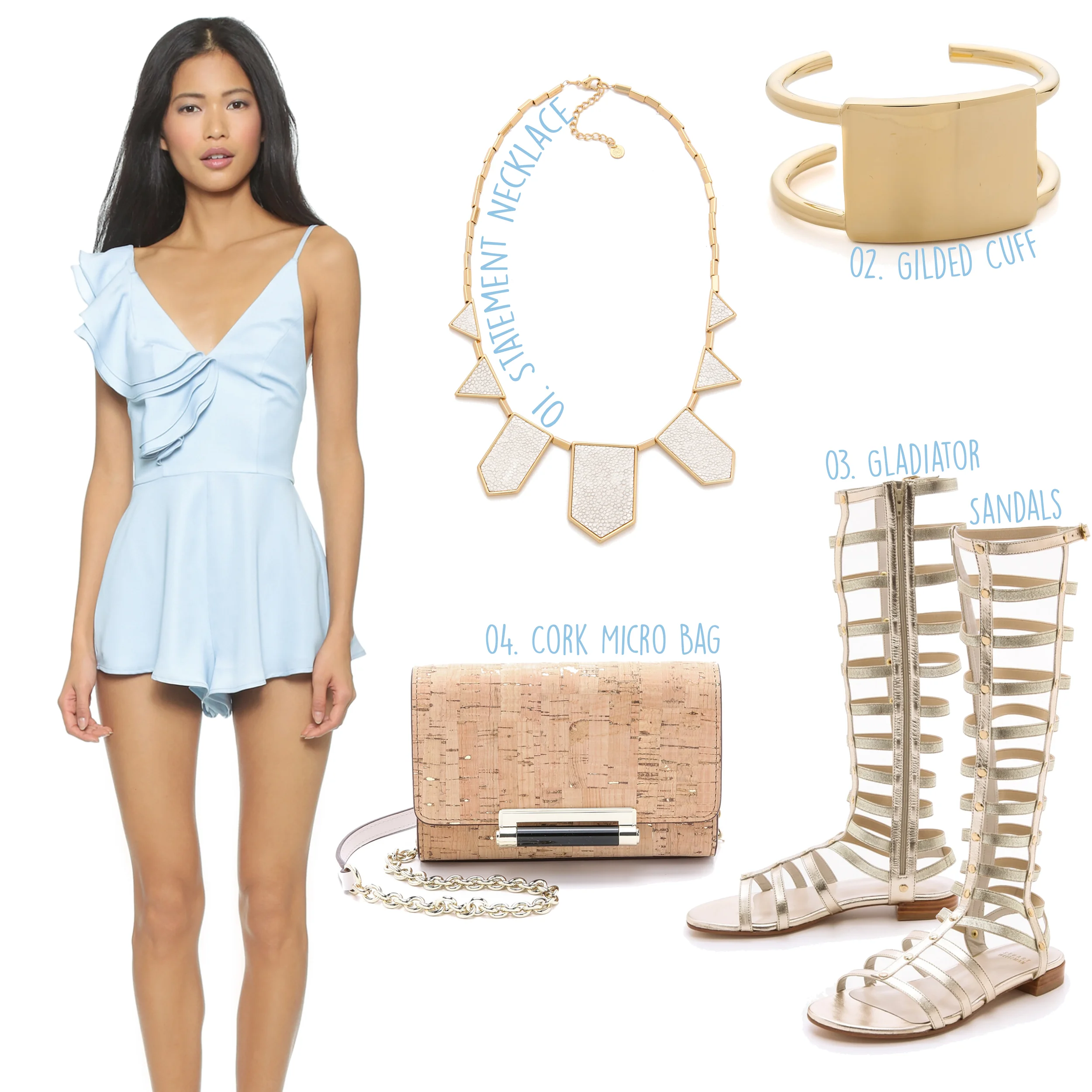 STYLESTALKER Bianco Romper ($149) -- 01. House of Harlow White Sand Five Station Necklace ($75) - 02. Elizabeth and James De Maria Cuff Bracelet ($225) - 03. Stuart Weitzman Gladiator Sandals ($398) - 04. Diane von Furstenberg 440 Metallic Cork Micro Mini ($168)