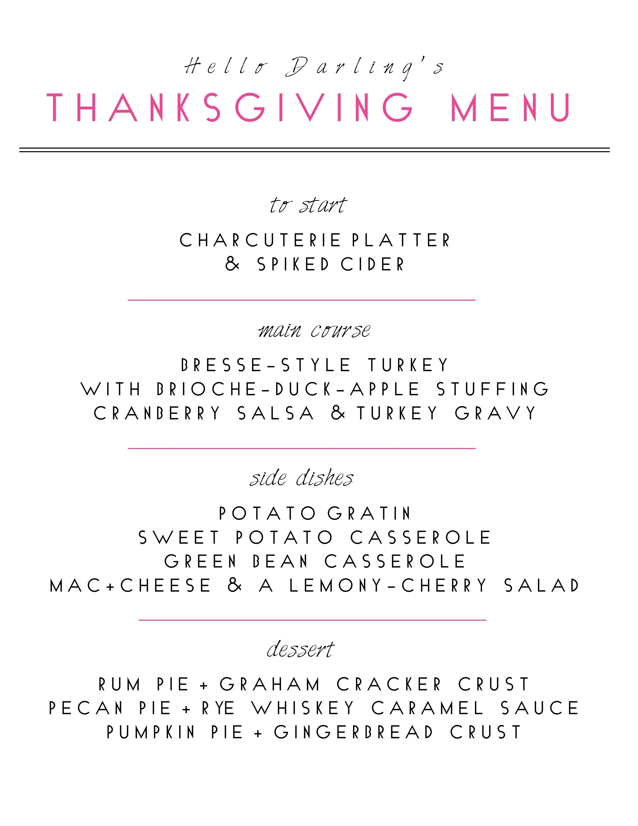 R E C I P E S : Bresse-Style Turkey | Brioche Stuffing | Potato Gratin | Sweet Potato Casserole | Green Bean Casserole | Lemony-Cherry Salad | Rum Pie | Pecan Pie | Pumpkin Pie .