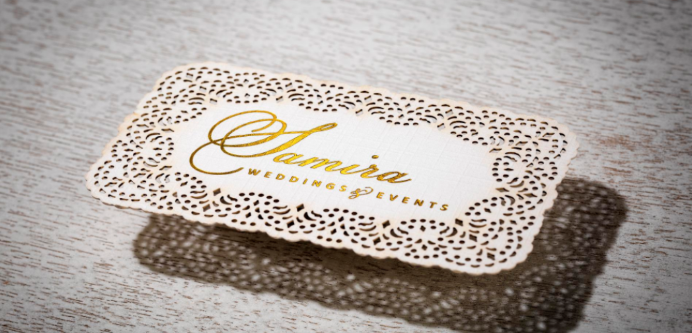 Die Cut Linen White Business Cards with Gold Foil