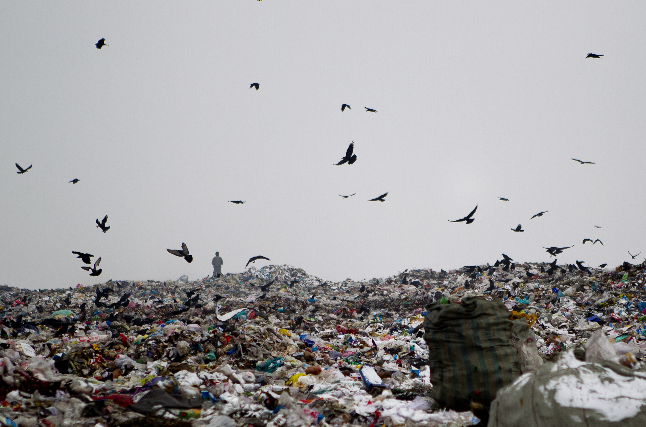 A homeless man stands in the distance at a large landfill outside of Bishkek. Many homeless people pick through trash at the landfill, or from dumpsters in town, and some even live at the landfill. 