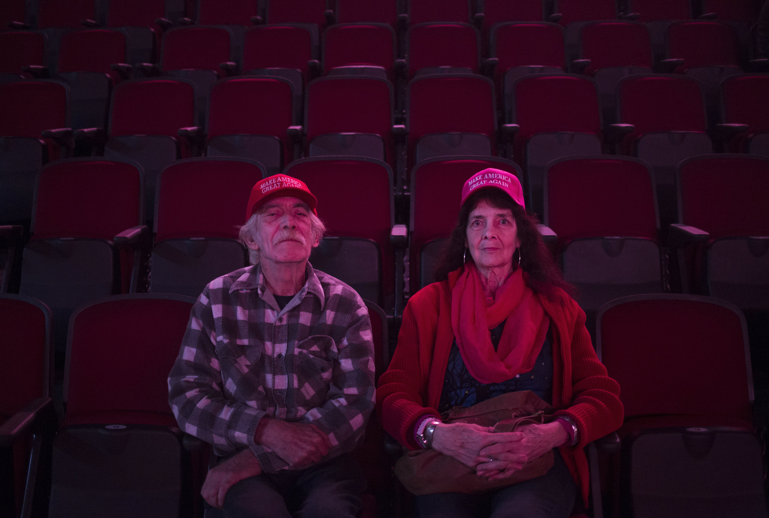 Don and Judy Harvey take their seats early to ensure a good view before the start of a Donald Trump rally in Bangor. During rallies in Maine Donald Trump spoke a lot about the loss of manufacturing work in America, a harsh reality for many voters of the mill towns in the second district. 