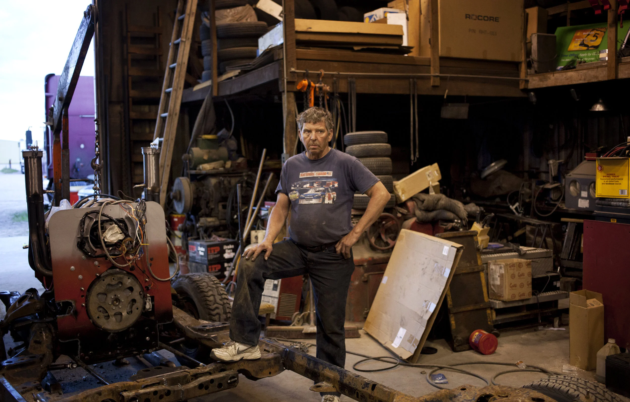 Chuck working on the demo derby car. Valentine. 